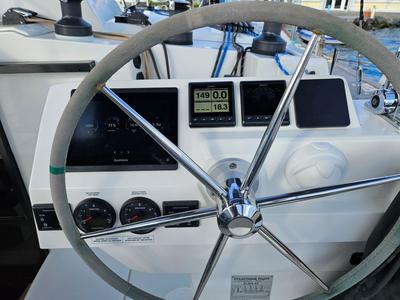 Cockpit of The Happy Heifer, a Fountaine Pajot Elba 45 catamaran at Charlotte Amalie, United States