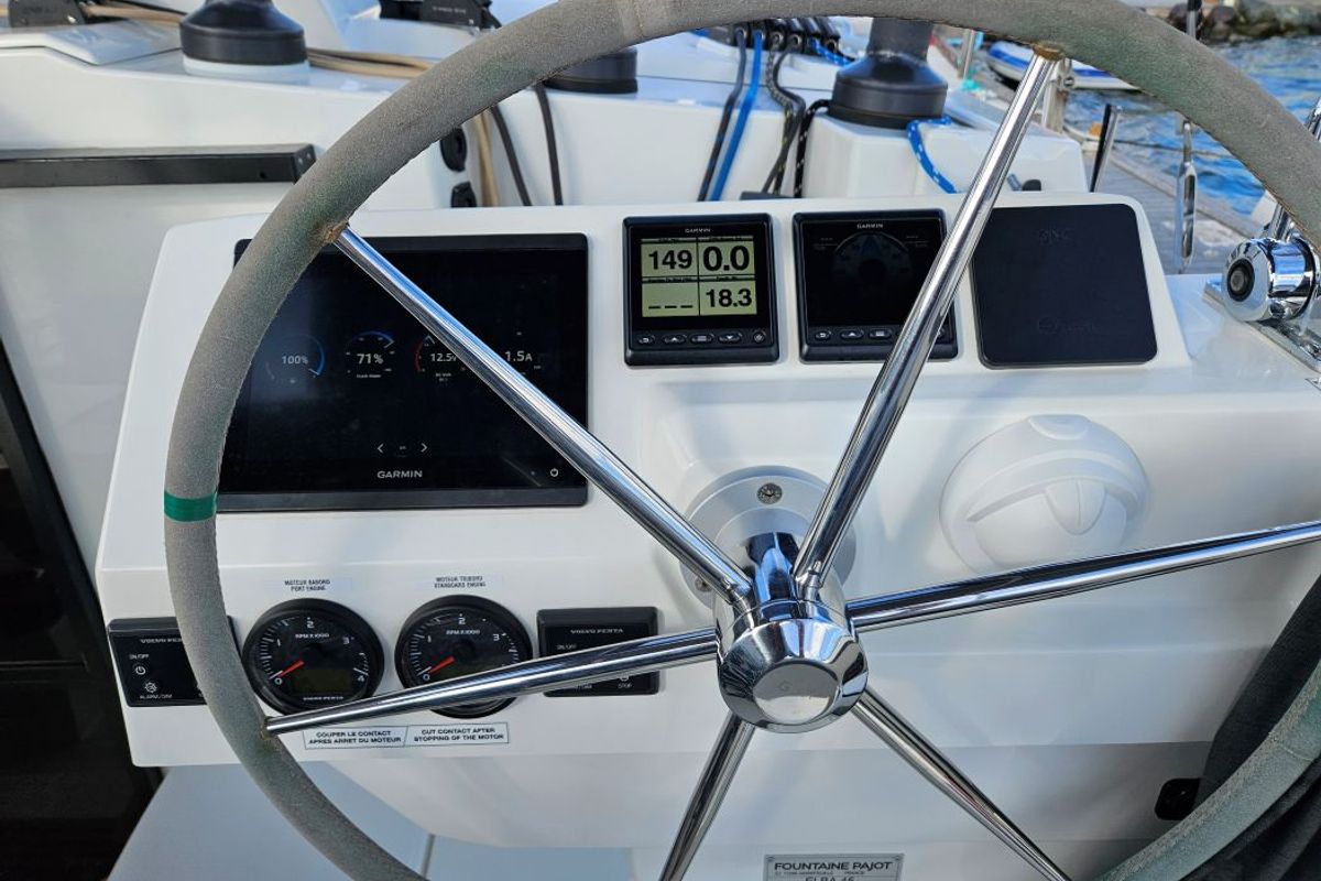 Cockpit of The Happy Heifer, a Fountaine Pajot Elba 45 catamaran at Charlotte Amalie, United States