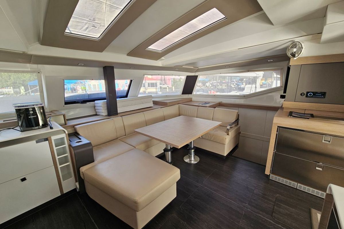 Salon of The Happy Heifer, a Fountaine Pajot Elba 45 catamaran at Charlotte Amalie, United States