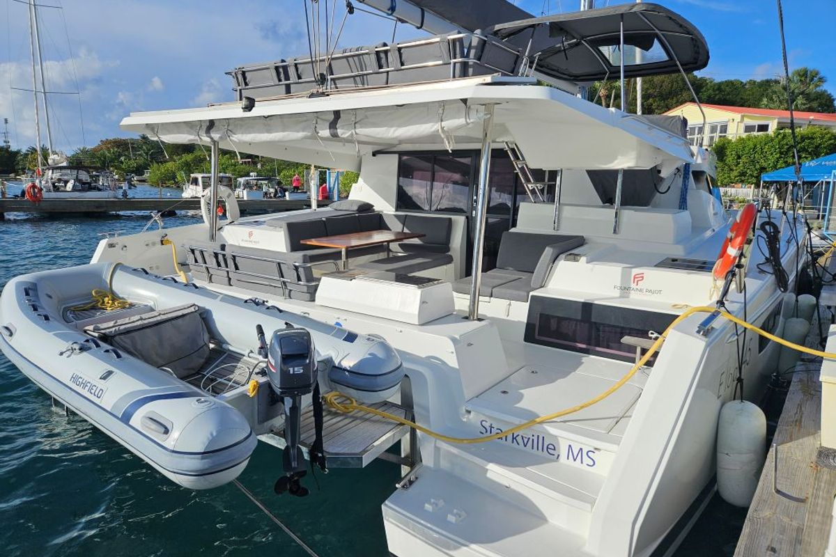 Exterior view of The Happy Heifer, a Fountaine Pajot Elba 45 catamaran at Charlotte Amalie, United States