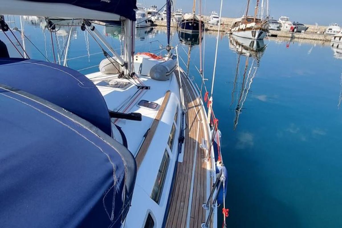 Deck of Sea Nest, a Jeanneau Sun Odyssey 42 i sailboat at Finikas, Greece