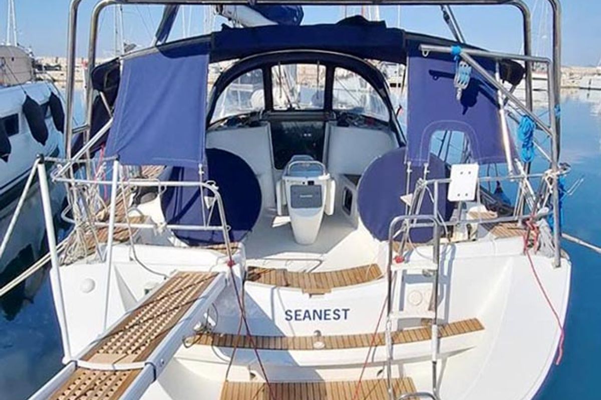 Cockpit of Sea Nest, a Jeanneau Sun Odyssey 42 i sailboat at Finikas, Greece