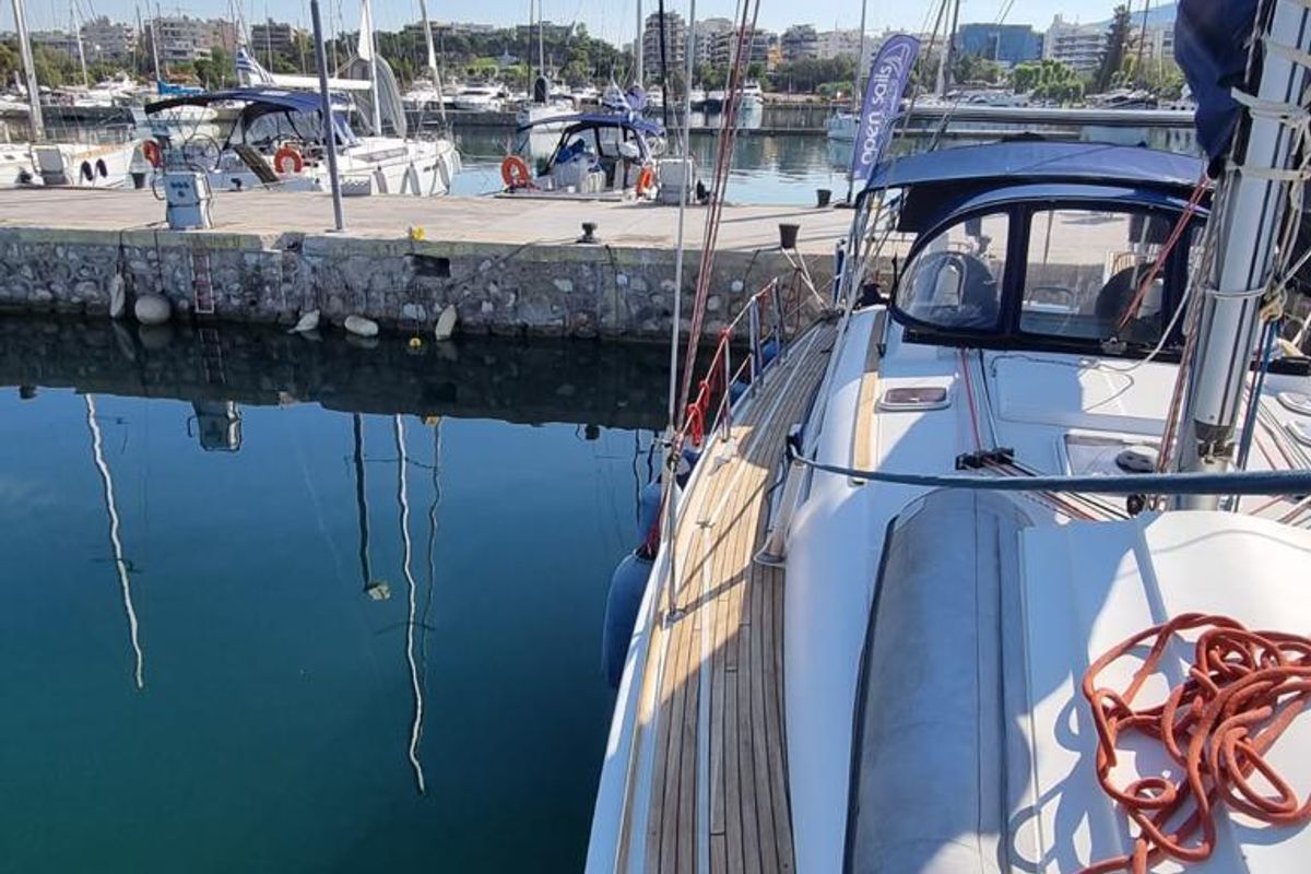 Deck of Sea Nest, a Jeanneau Sun Odyssey 42 i sailboat at Finikas, Greece