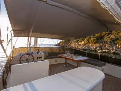 Cockpit of Premium, a Gulet Motor sailer yacht at Fethiye, Turkey