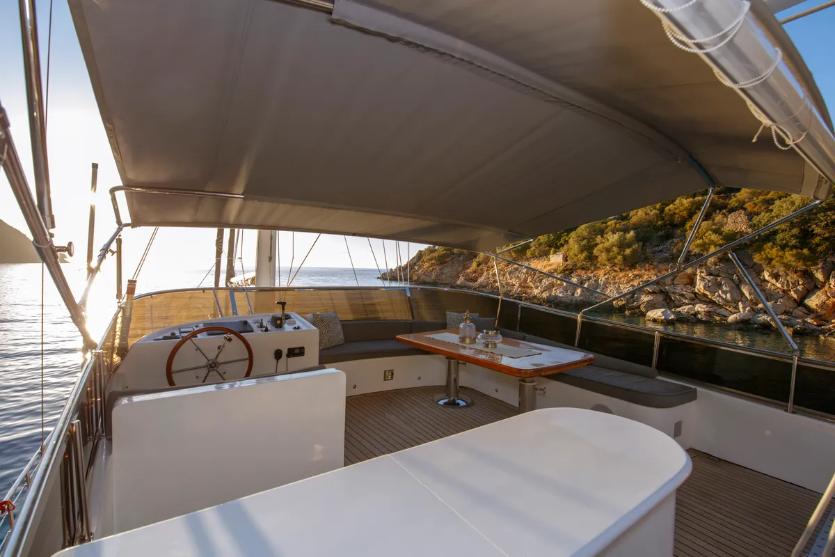 Cockpit of Premium, a Gulet Motor sailer yacht at Fethiye, Turkey