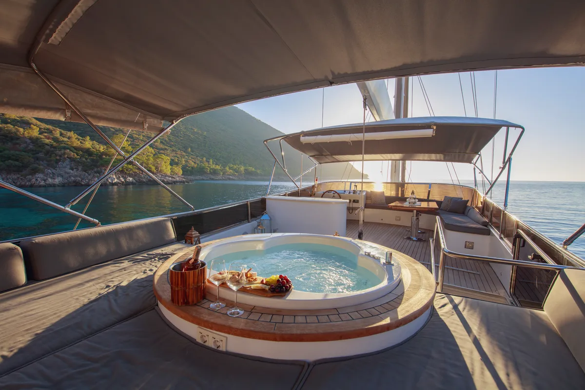 Deck of Premium, a Gulet Motor sailer yacht at Fethiye, Turkey