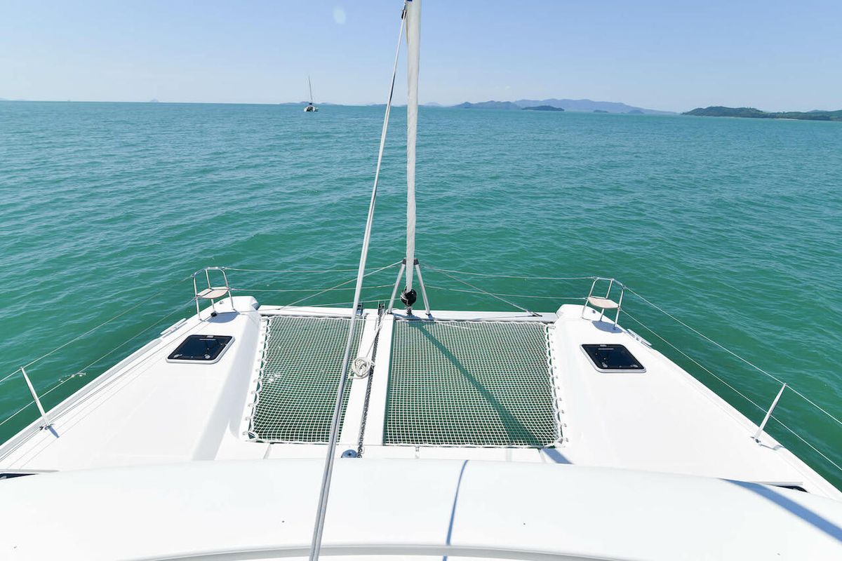Deck of Cloud Dancer, a Lagoon 42 catamaran at Pa Khlok, Thailand