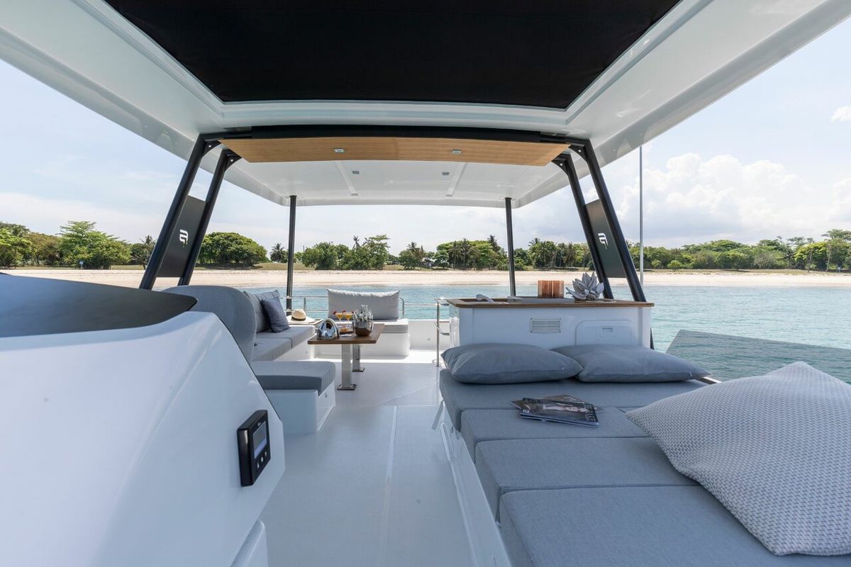 Deck of Mala, a Fountaine Pajot MY5 catamaran at Seget Donji, Croatia