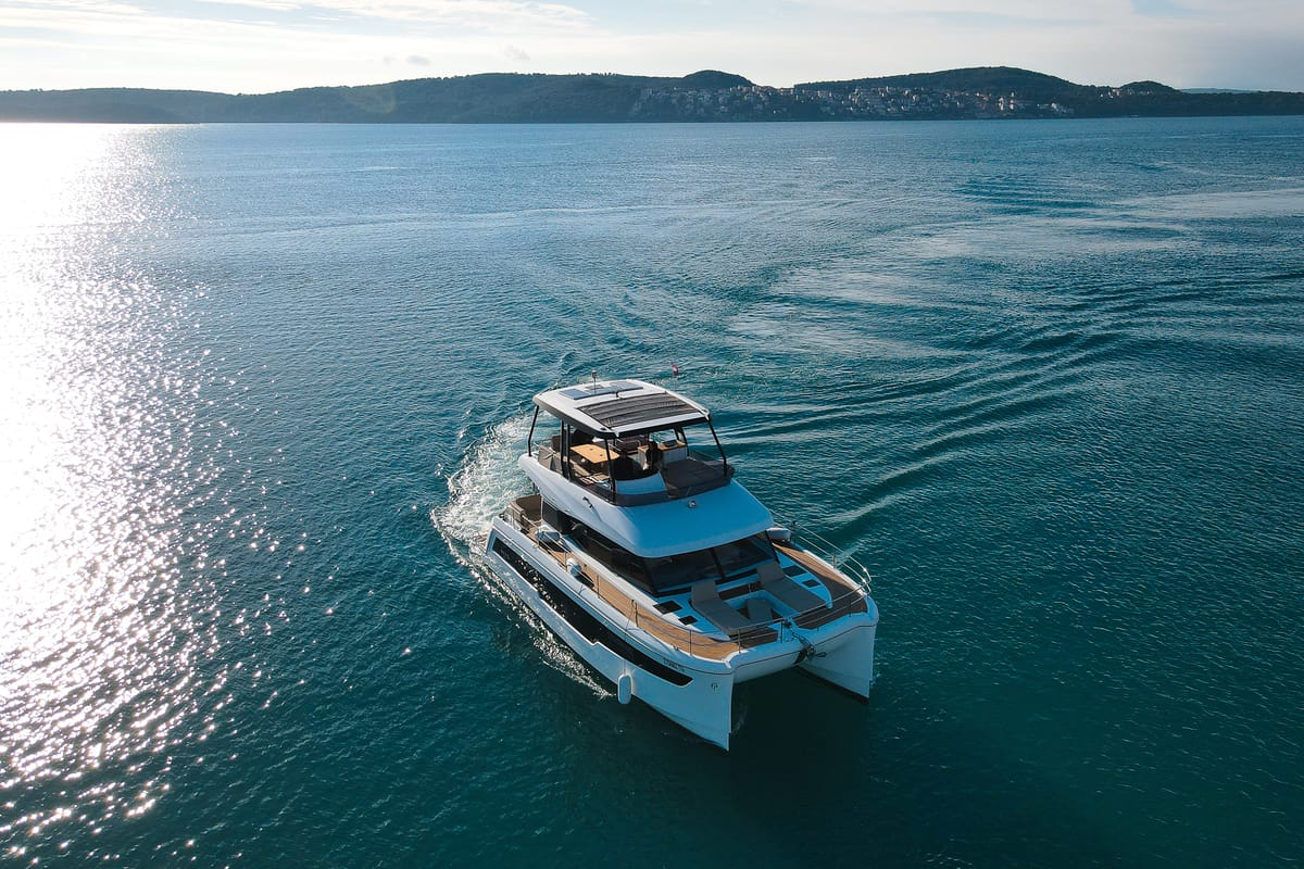 Exterior view of Mala, a Fountaine Pajot MY5 catamaran at Seget Donji, Croatia