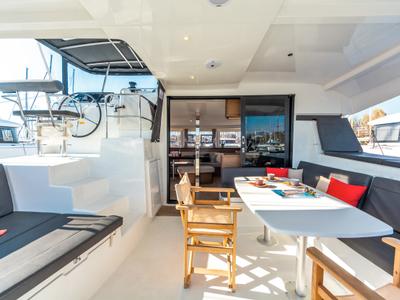 Deck of Wind Whisper, a Lagoon 42 catamaran at Parikia, Greece