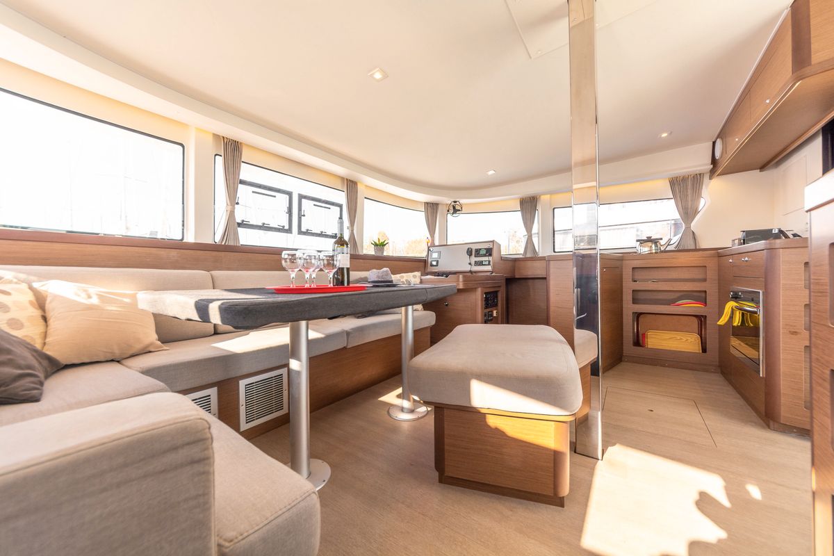 Salon of Wind Whisper, a Lagoon 42 catamaran at Parikia, Greece