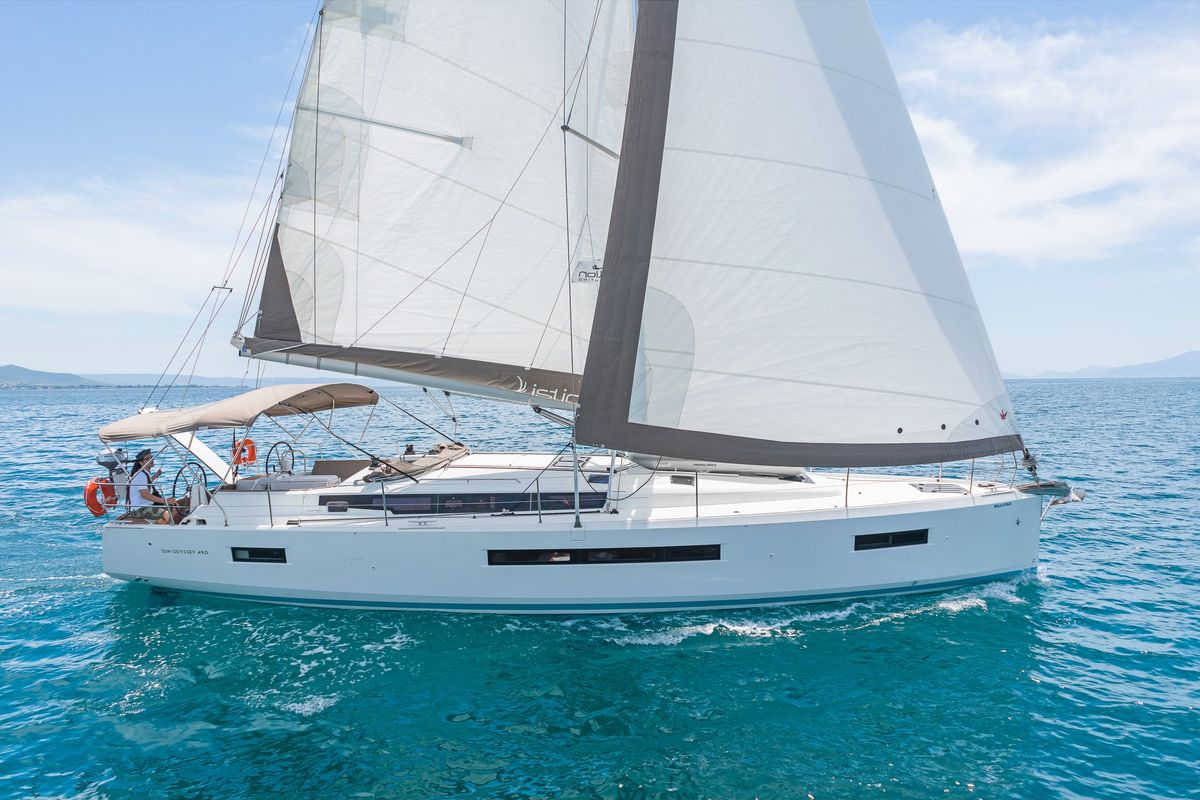Exterior view of Capt. Jack Sparrow, a Jeanneau Sun Odyssey 490 sailboat at Municipal Unit of Lefkada, Greece