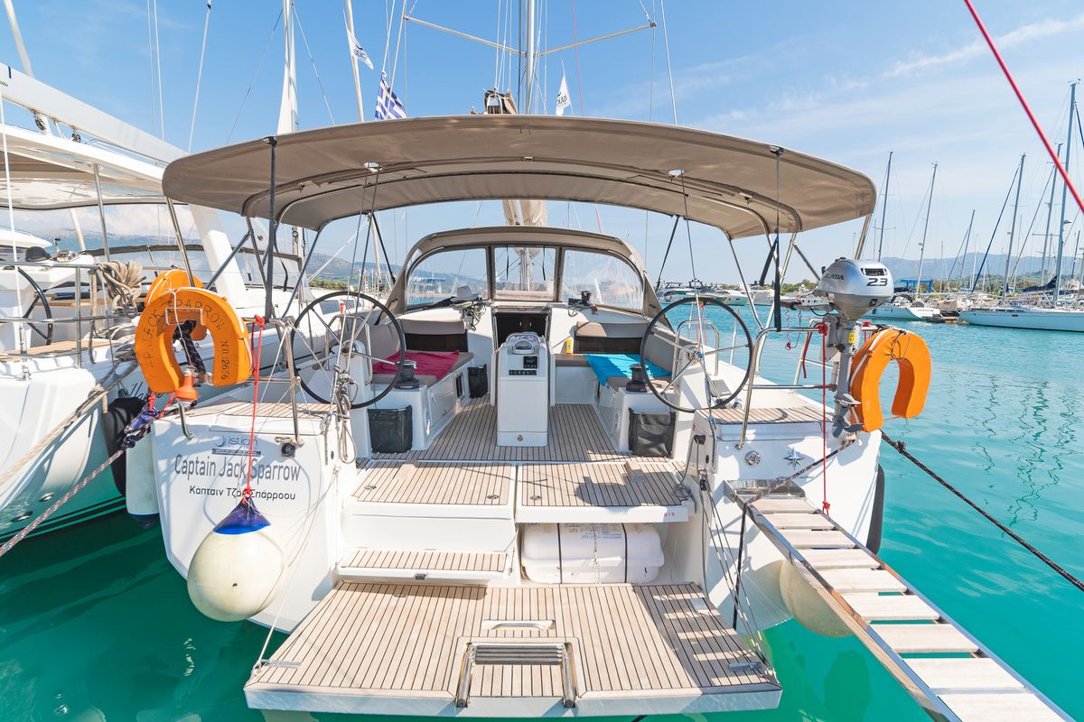 Deck of Capt. Jack Sparrow, a Jeanneau Sun Odyssey 490 sailboat at Municipal Unit of Lefkada, Greece