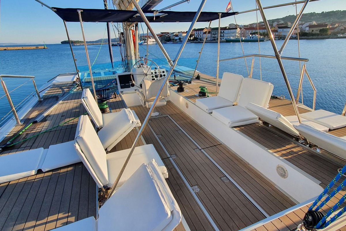 Deck of Upwind, a Custom Made Upwind 50 Eco catamaran at Grad Trogir, Croatia