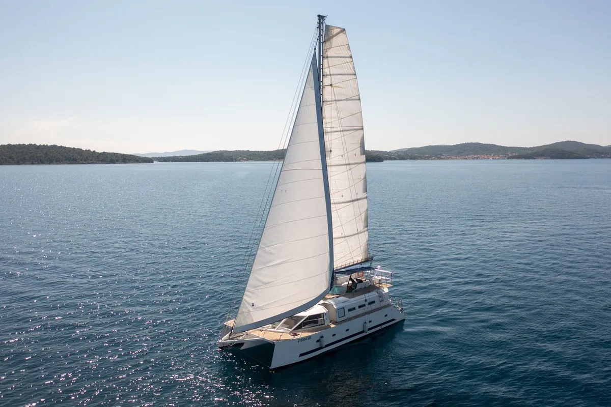 Exterior view of Upwind, a Custom Made Upwind 50 Eco catamaran at Grad Trogir, Croatia