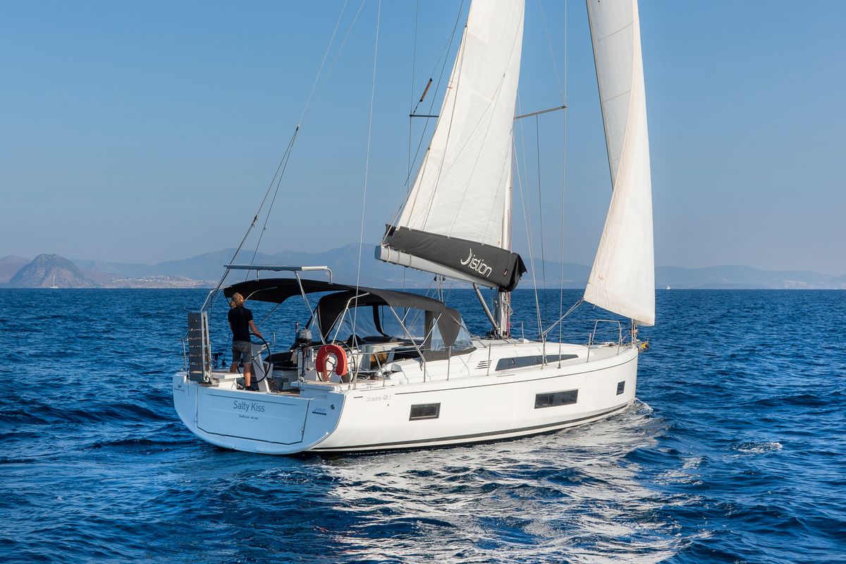 Exterior view of Salty Kiss, a Beneteau Oceanis 46.1 sailboat at Kos, Greece