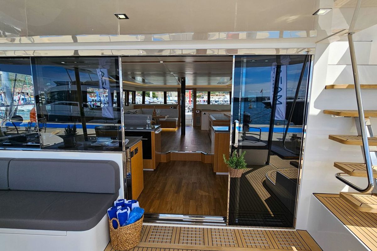 Exterior view of October, a Mazarin Yachts Mazarin 55 catamaran at Seget Donji, Croatia