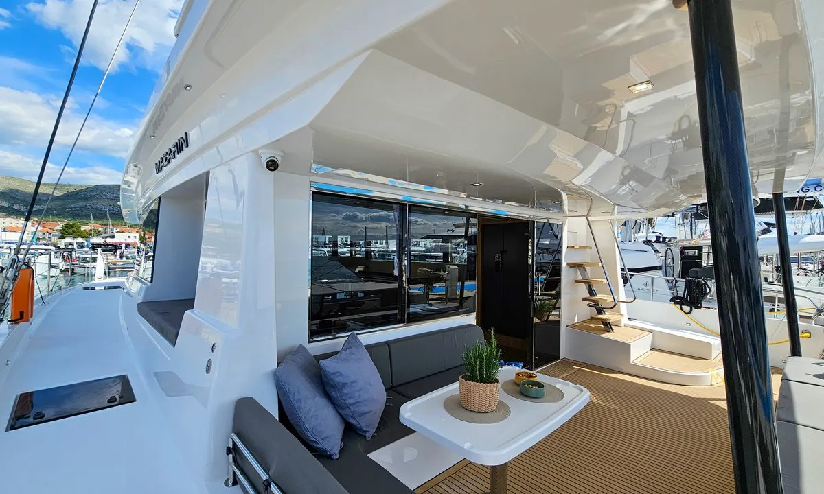 Deck of October, a Mazarin Yachts Mazarin 55 catamaran at Seget Donji, Croatia