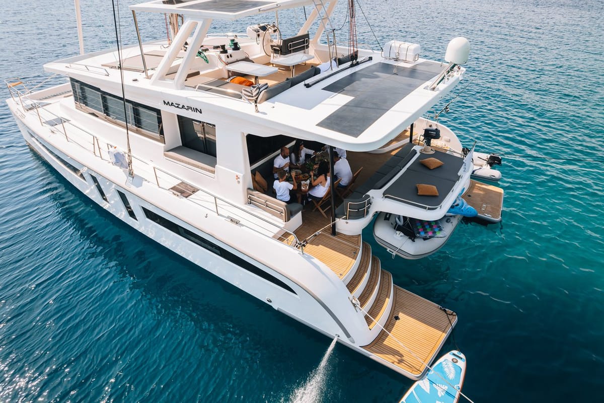 Exterior view of October, a Mazarin Yachts Mazarin 55 catamaran at Seget Donji, Croatia
