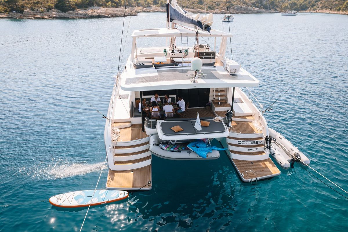 Exterior view of October, a Mazarin Yachts Mazarin 55 catamaran at Seget Donji, Croatia