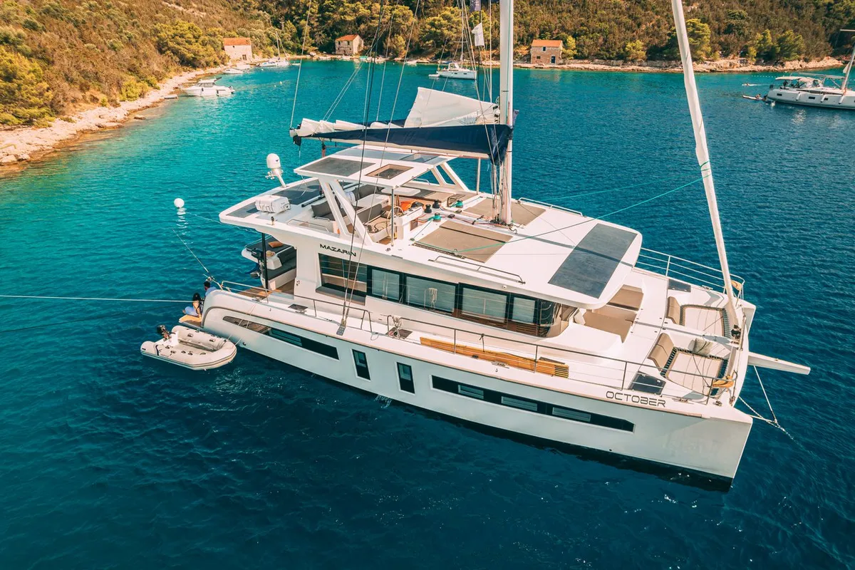 Deck of October, a Mazarin Yachts Mazarin 55 catamaran at Seget Donji, Croatia