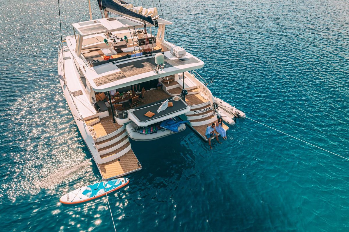 Exterior view of October, a Mazarin Yachts Mazarin 55 catamaran at Seget Donji, Croatia