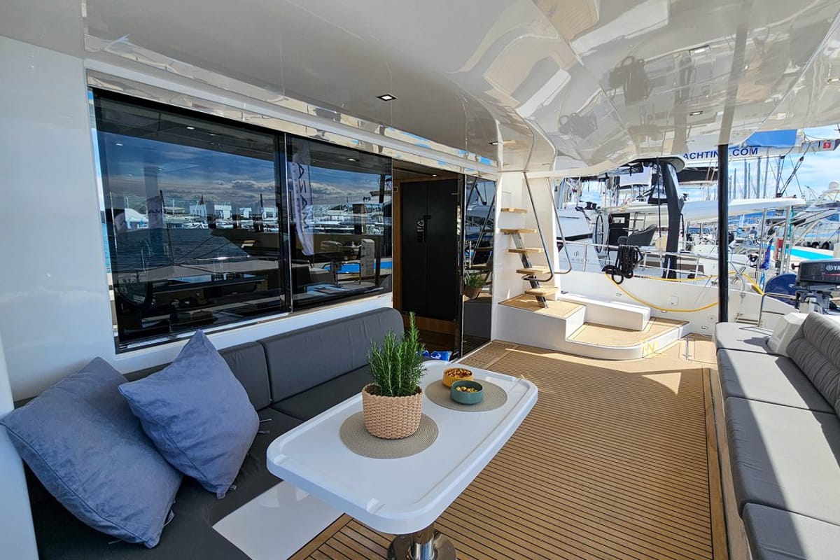 Deck of October, a Mazarin Yachts Mazarin 55 catamaran at Seget Donji, Croatia