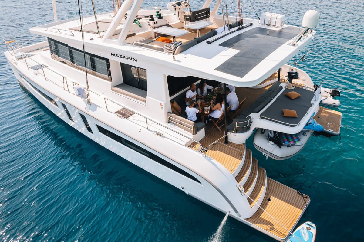 Exterior view of October, a Mazarin Yachts Mazarin 55 catamaran at Seget Donji, Croatia