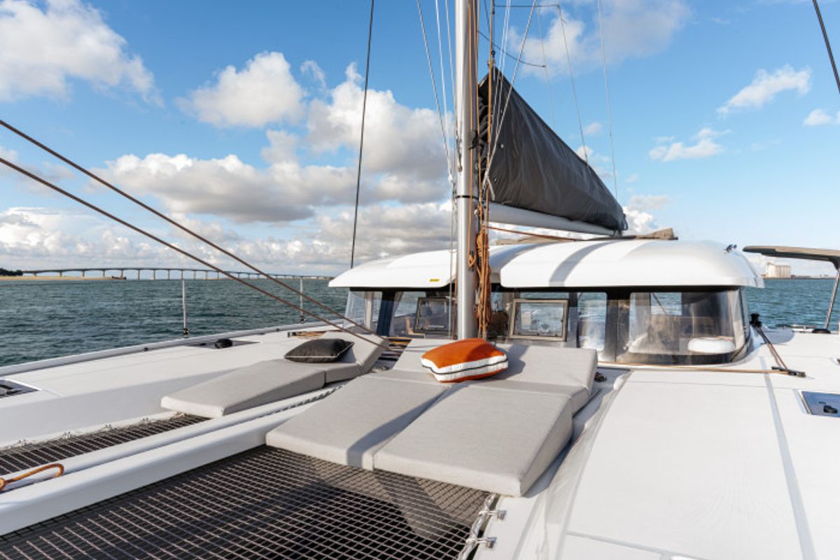 Deck of Team Let's Go, a Excess 11 - 4 + 1 + 1 cab. catamaran at Mytikas, Greece