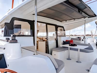 Deck of Team Let's Go, a Excess 11 - 4 + 1 + 1 cab. catamaran at Mytikas, Greece
