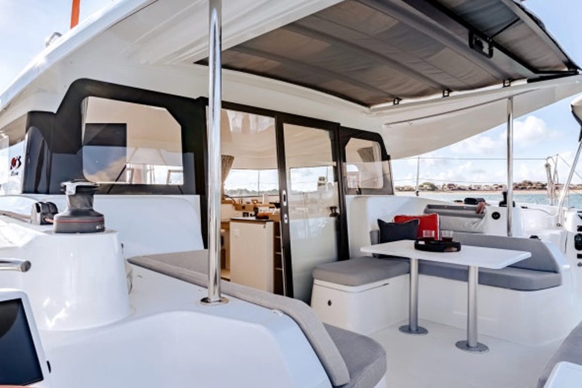 Deck of Team Let's Go, a Excess 11 - 4 + 1 + 1 cab. catamaran at Mytikas, Greece