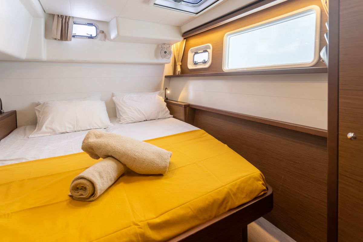 Cabin on MADICON, a Lagoon 450 Fly catamaran at Thira Municipal Unit, Greece