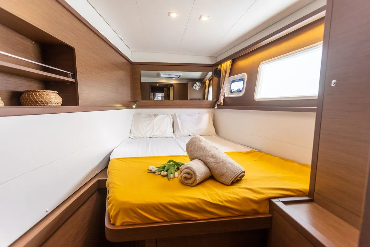 Cabin on MADICON, a Lagoon 450 Fly catamaran at Thira Municipal Unit, Greece