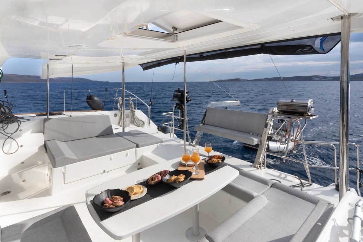 Deck of MADICON, a Lagoon 450 Fly catamaran at Thira Municipal Unit, Greece