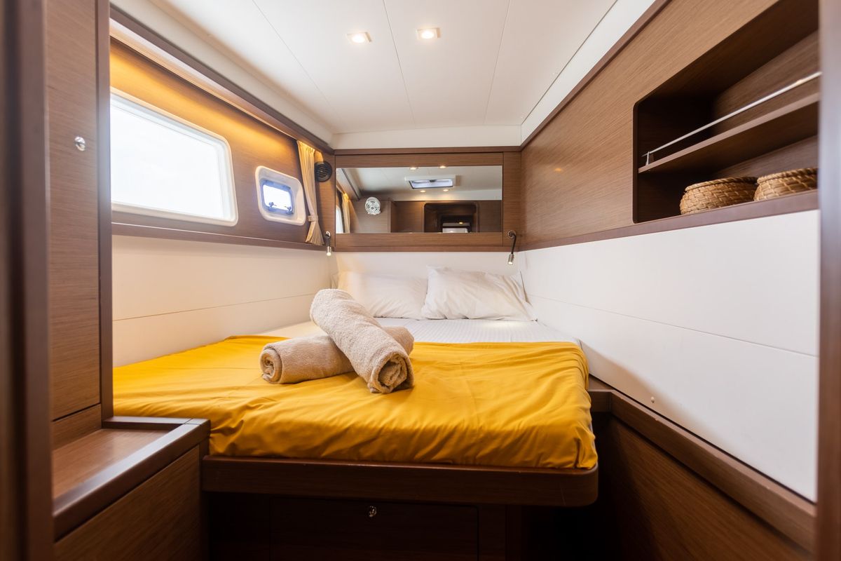 Cabin on MADICON, a Lagoon 450 Fly catamaran at Thira Municipal Unit, Greece
