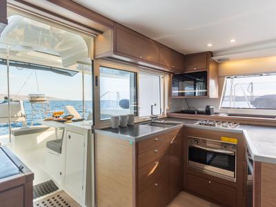 Galley of MADICON, a Lagoon 450 Fly catamaran at Thira Municipal Unit, Greece