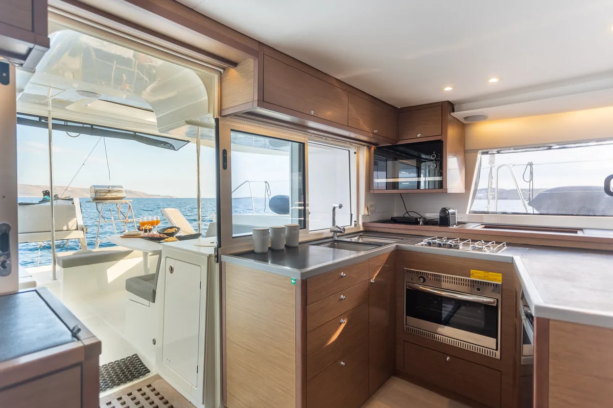 Galley of MADICON, a Lagoon 450 Fly catamaran at Thira Municipal Unit, Greece