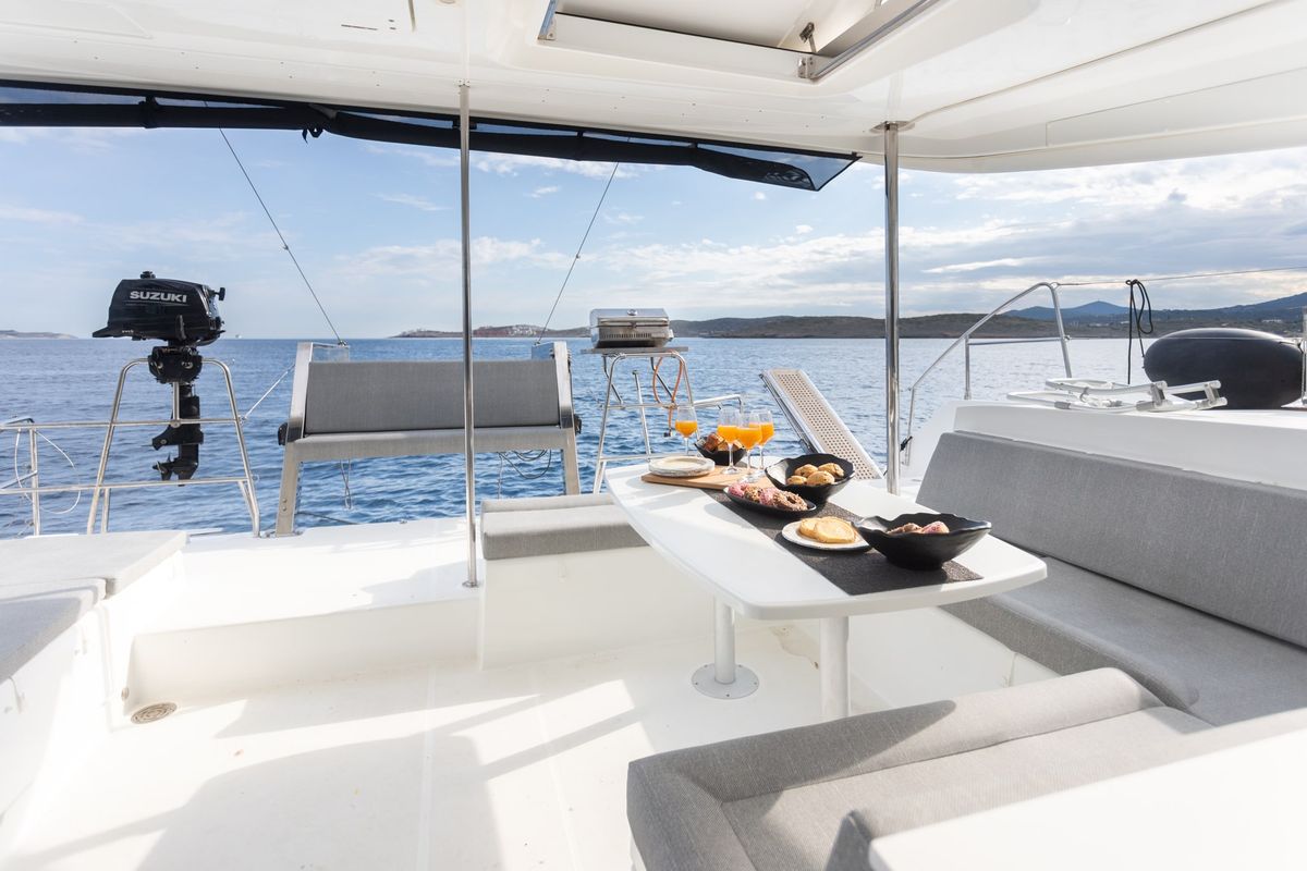 Deck of MADICON, a Lagoon 450 Fly catamaran at Thira Municipal Unit, Greece