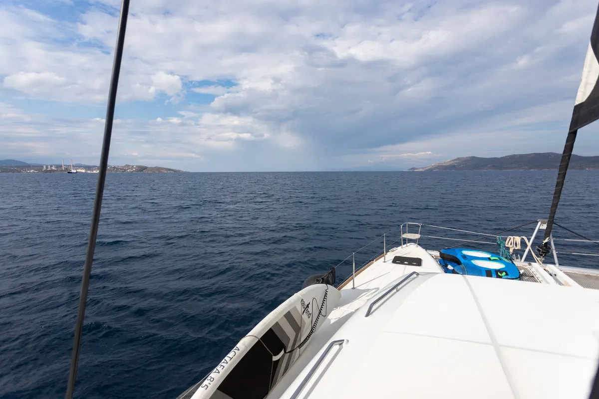 Deck of MADICON, a Lagoon 450 Fly catamaran at Thira Municipal Unit, Greece