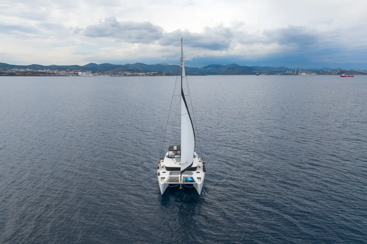 Exterior view of MADICON, a Lagoon 450 Fly catamaran at Thira Municipal Unit, Greece