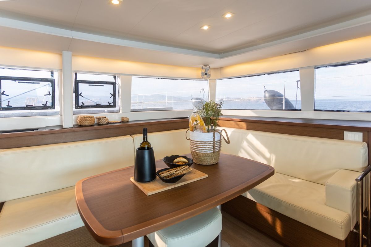 Salon of MADICON, a Lagoon 450 Fly catamaran at Thira Municipal Unit, Greece