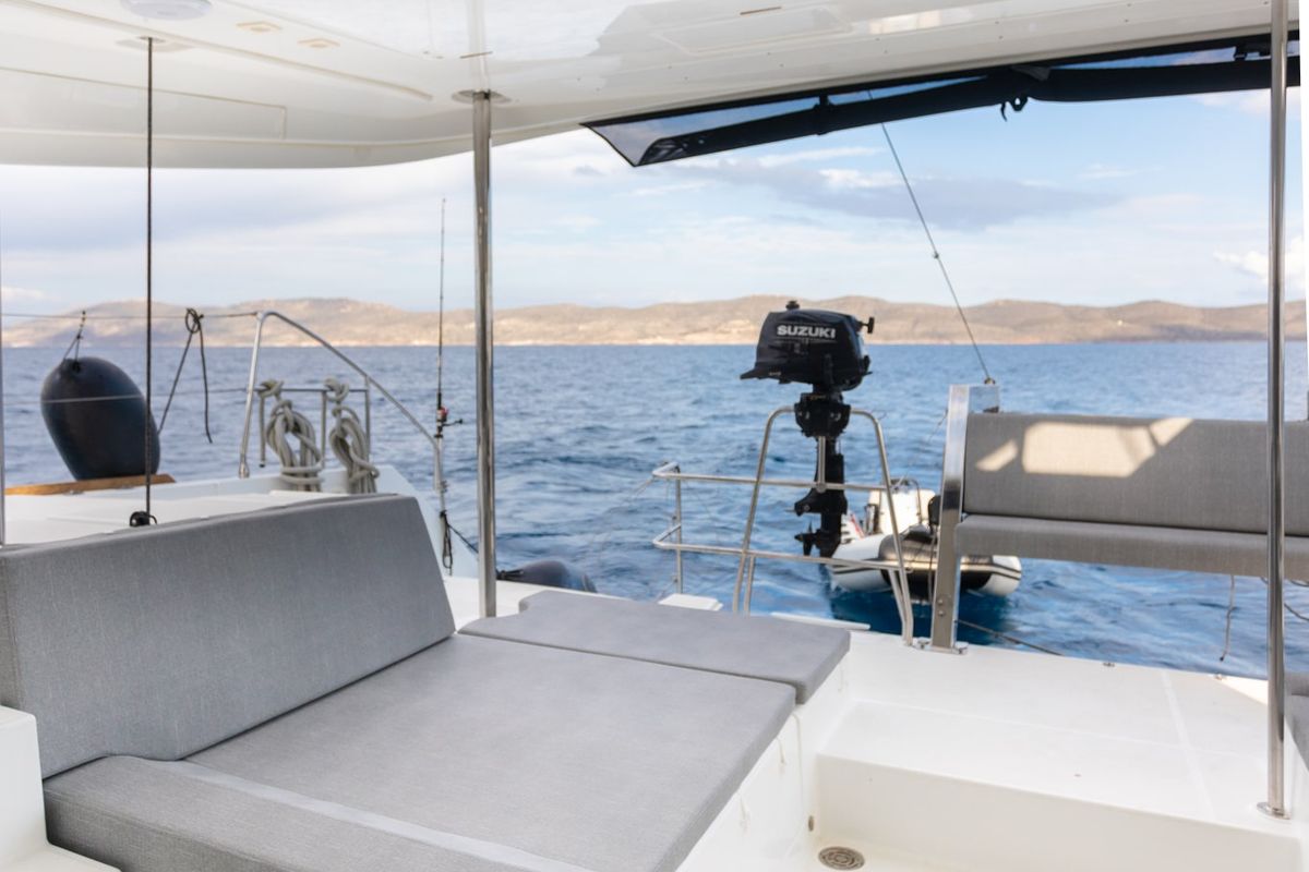 Deck of MADICON, a Lagoon 450 Fly catamaran at Thira Municipal Unit, Greece