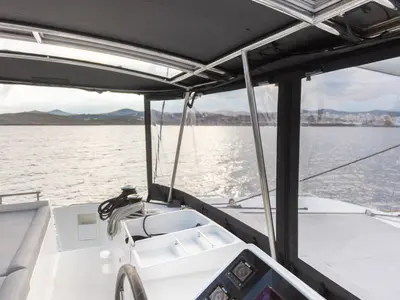 Cockpit of MADICON, a Lagoon 450 Fly catamaran at Thira Municipal Unit, Greece