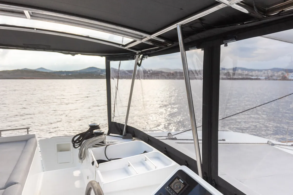 Cockpit of MADICON, a Lagoon 450 Fly catamaran at Thira Municipal Unit, Greece