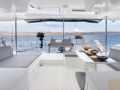 Deck of MADICON, a Lagoon 450 Fly catamaran at Thira Municipal Unit, Greece