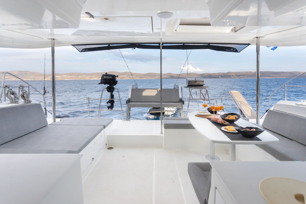 Deck of MADICON, a Lagoon 450 Fly catamaran at Thira Municipal Unit, Greece