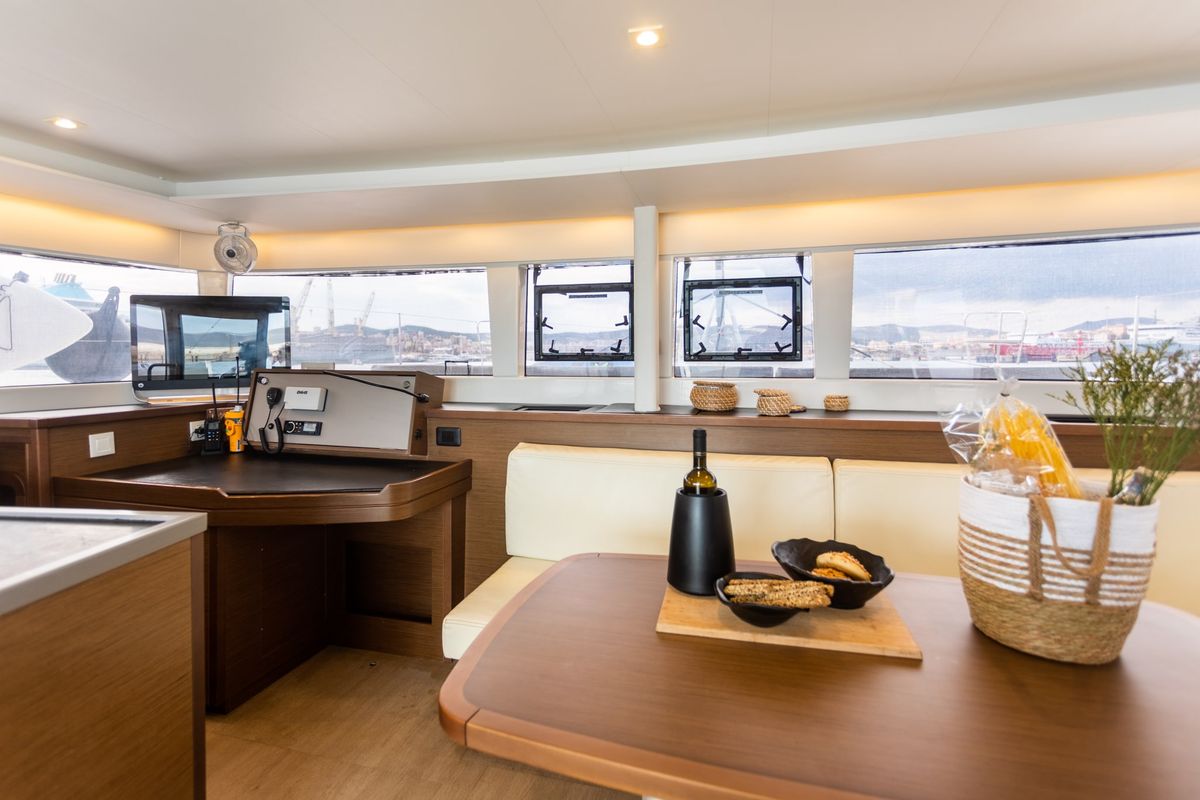 Salon of MADICON, a Lagoon 450 Fly catamaran at Thira Municipal Unit, Greece