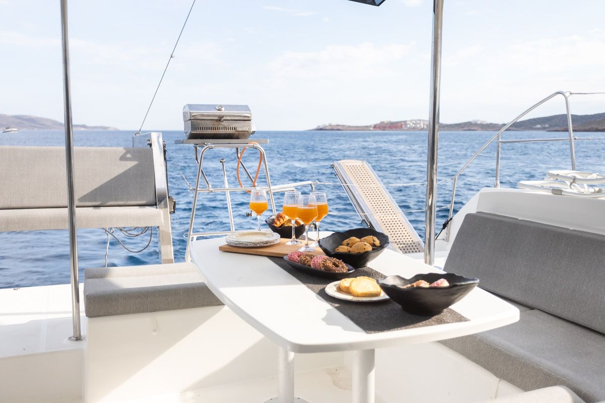 Deck of MADICON, a Lagoon 450 Fly catamaran at Thira Municipal Unit, Greece