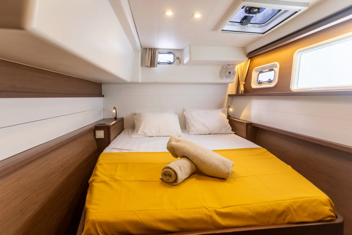 Cabin on MADICON, a Lagoon 450 Fly catamaran at Thira Municipal Unit, Greece