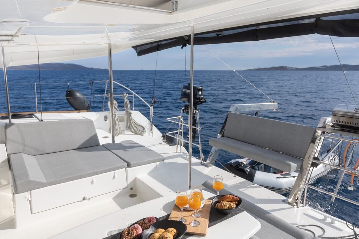 Deck of MADICON, a Lagoon 450 Fly catamaran at Thira Municipal Unit, Greece
